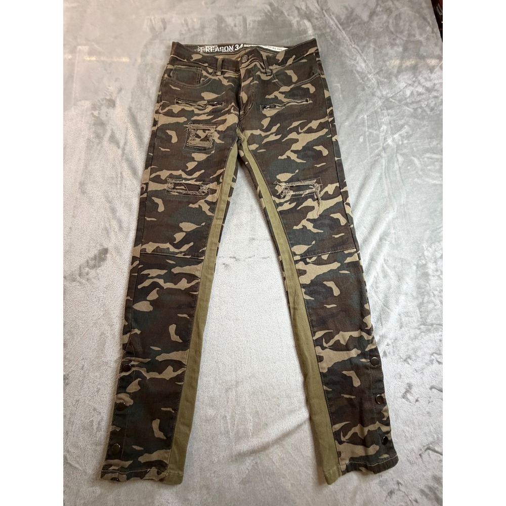 Reason Supply Co Moto Pants Mens 34 Camo Distressed Biker Snap Hem RMP-F22-007